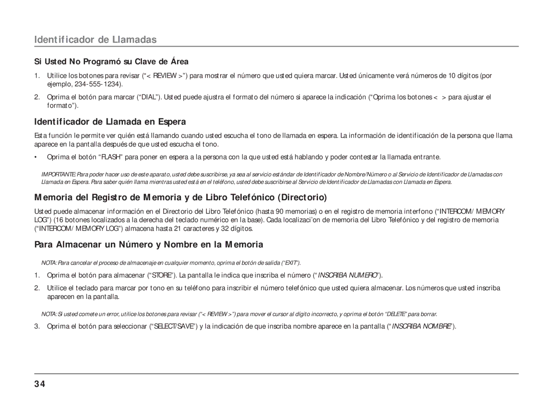 RCA 25403/04 manual Identificador de Llamada en Espera, Para Almacenar un Número y Nombre en la Memoria 