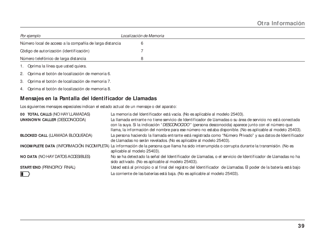 RCA 25403/04 manual Otra Información, Mensajes en la Pantalla del Identificador de Llamadas, Aplicable al modelo 