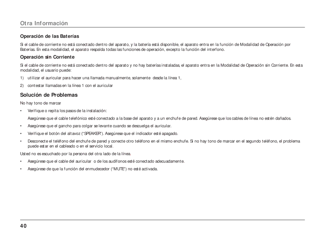 RCA 25403/04 manual Solución de Problemas, Operación de las Baterías, Operación sin Corriente 