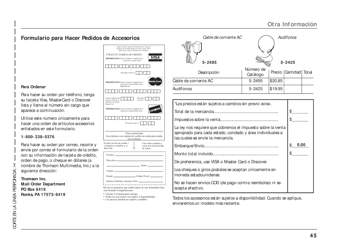 RCA 25403/04 manual Formulario para Hacer Pedidos de Accesorios 