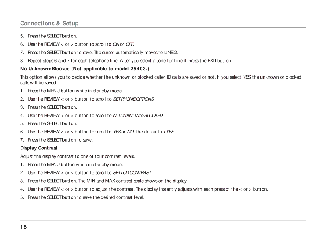 RCA 25404, 25403 manual No Unknown/Blocked Not applicable to model, Display Contrast 