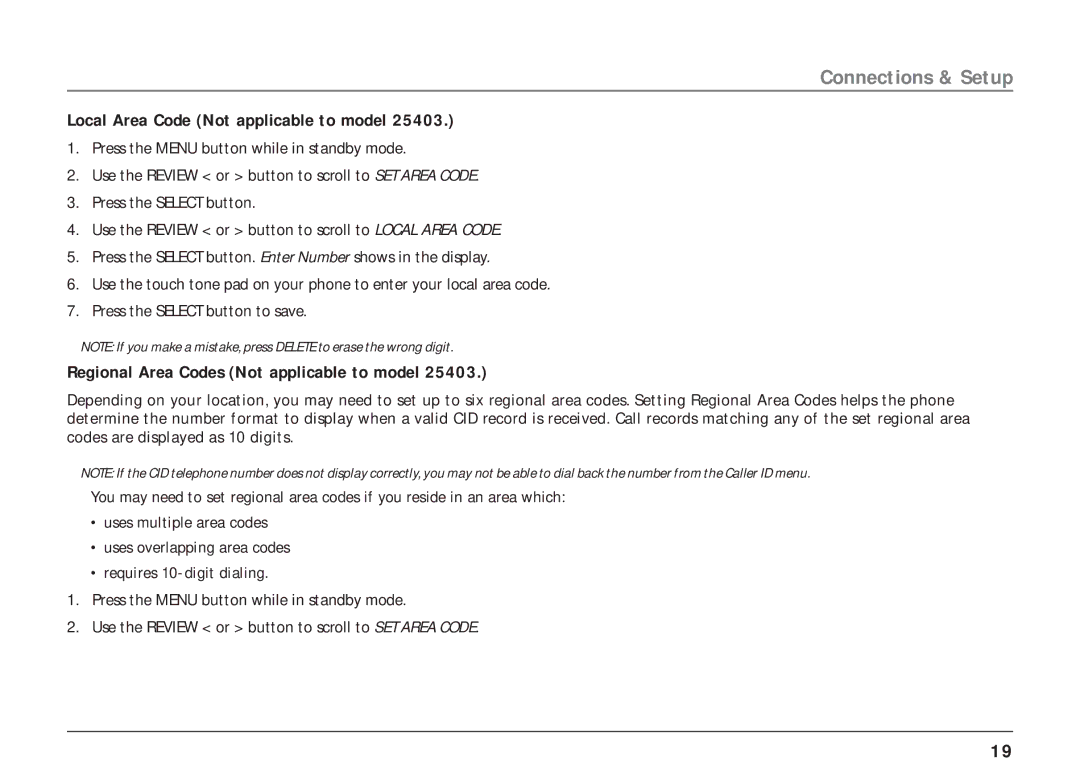 RCA 25403, 25404 manual Local Area Code Not applicable to model, Regional Area Codes Not applicable to model 