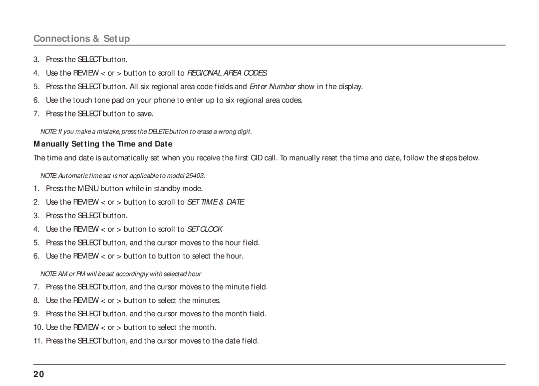 RCA 25404, 25403 manual Manually Setting the Time and Date 