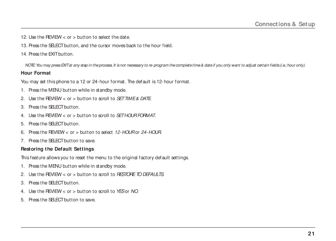 RCA 25403, 25404 manual Hour Format, Restoring the Default Settings 