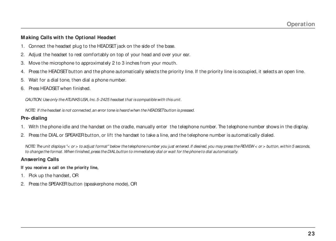 RCA 25403, 25404 manual Making Calls with the Optional Headset, Pre-dialing, Answering Calls 