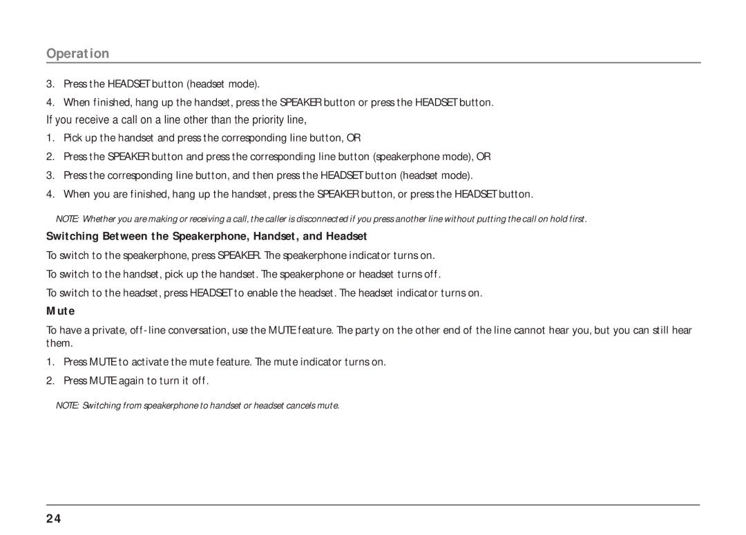 RCA 25404, 25403 manual Switching Between the Speakerphone, Handset, and Headset, Mute 