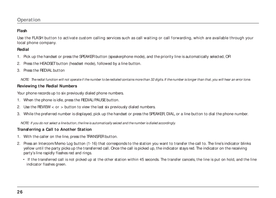RCA 25404, 25403 manual Flash, Reviewing the Redial Numbers, Transferring a Call to Another Station 