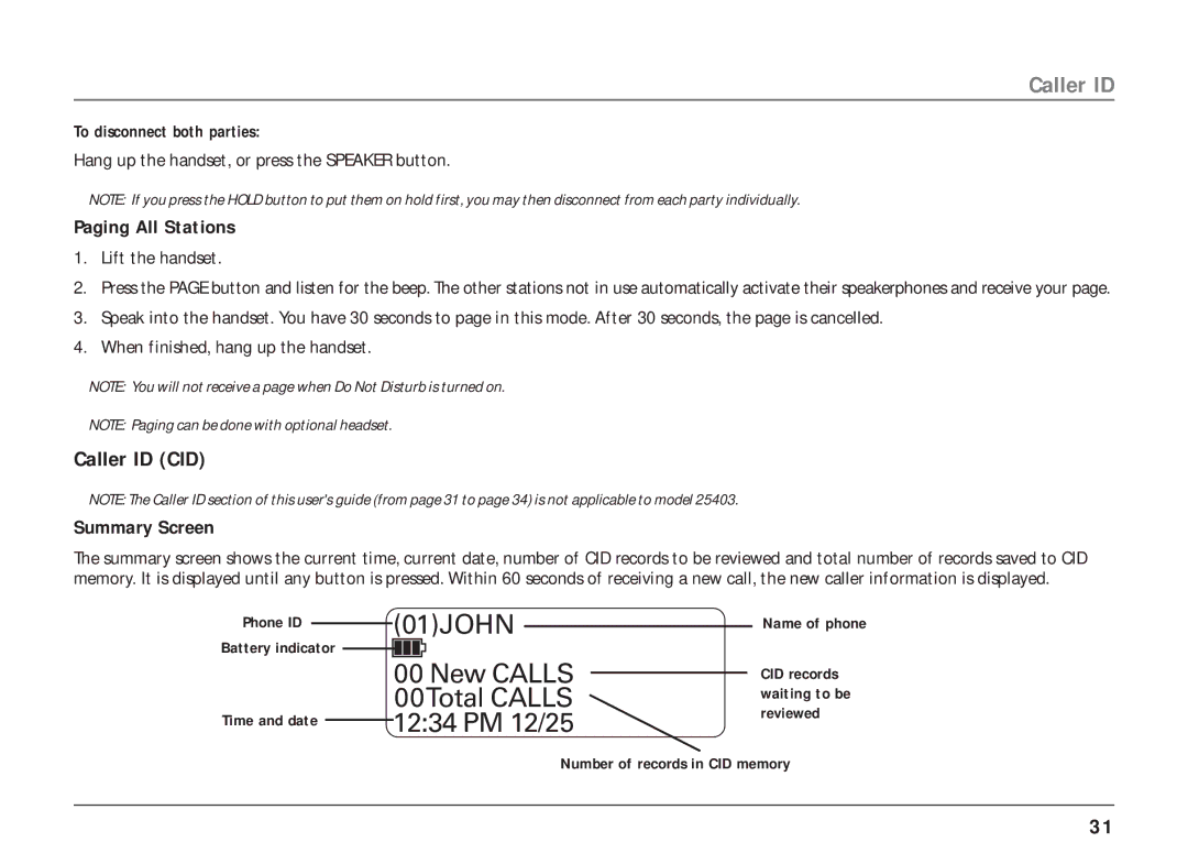 RCA 25403, 25404 manual Caller ID CID, Paging All Stations, Summary Screen 