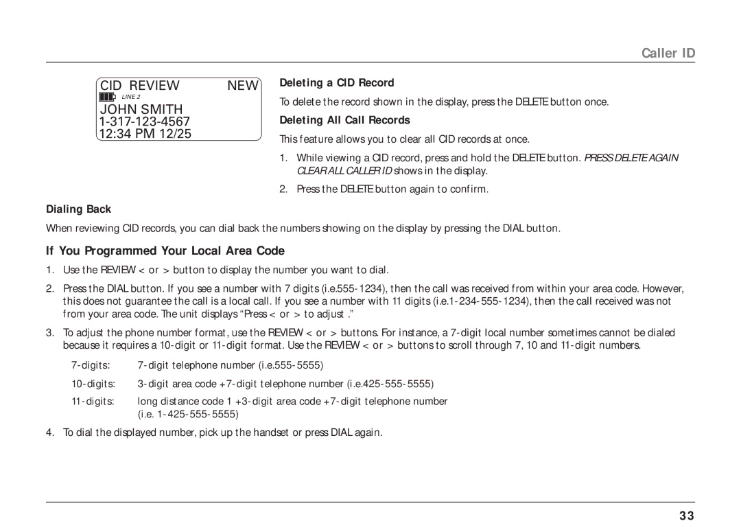 RCA 25403 manual If You Programmed Your Local Area Code, NEW Deleting a CID Record, Deleting All Call Records, Dialing Back 