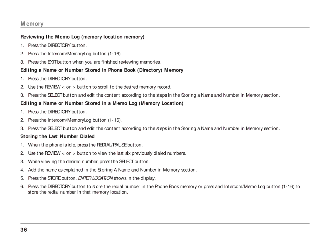 RCA 25404, 25403 manual Reviewing the Memo Log memory location memory, Storing the Last Number Dialed 