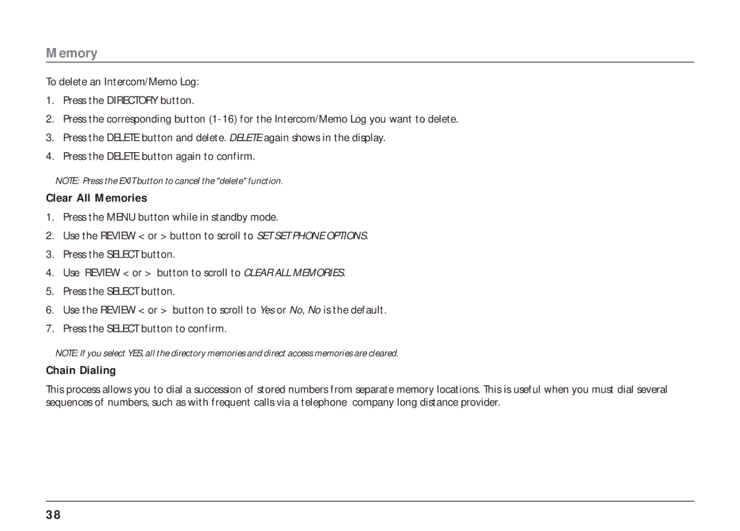 RCA 25404, 25403 manual Clear All Memories, Chain Dialing 