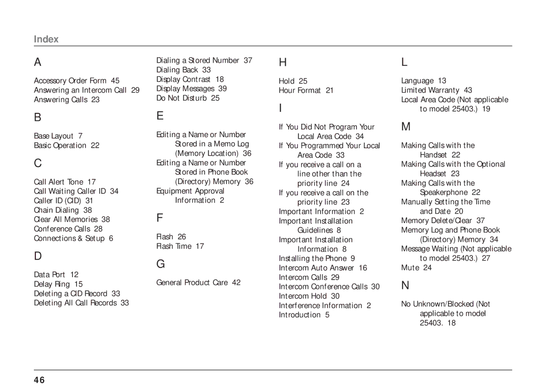 RCA 25404, 25403 manual Index, If You Did Not Program Your Local Area Code, Important Installation Information 