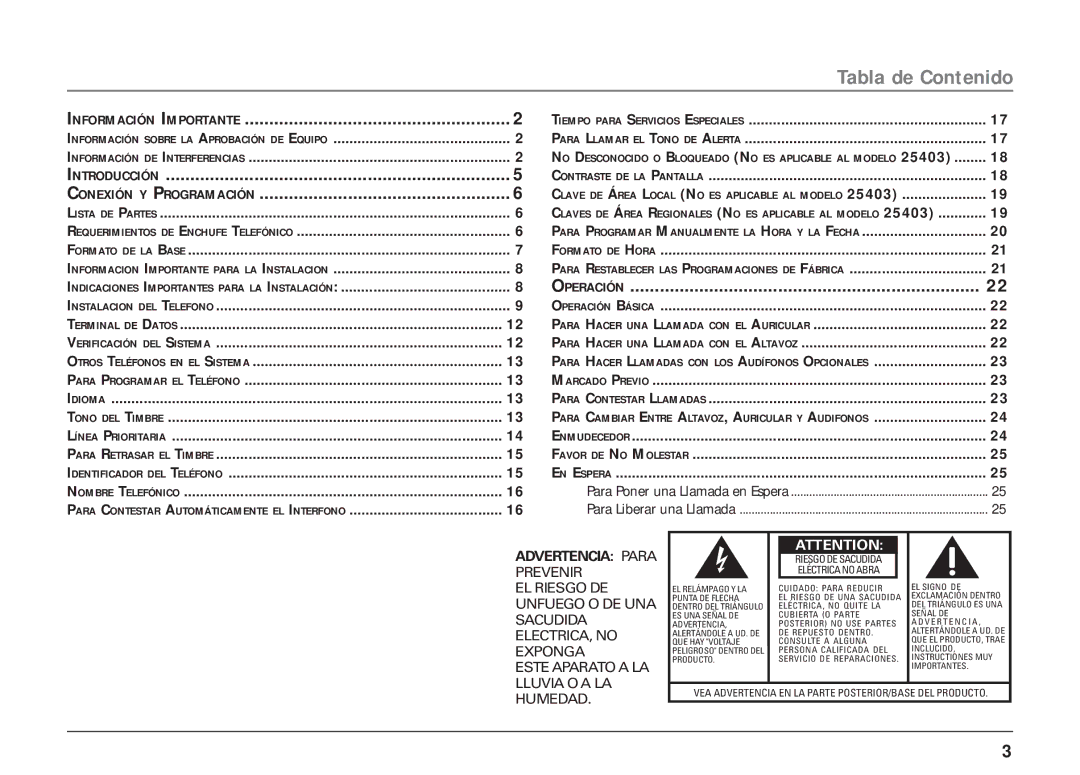 RCA 25403, 25404 manual Tabla de Contenido, Nformación I Mportante 