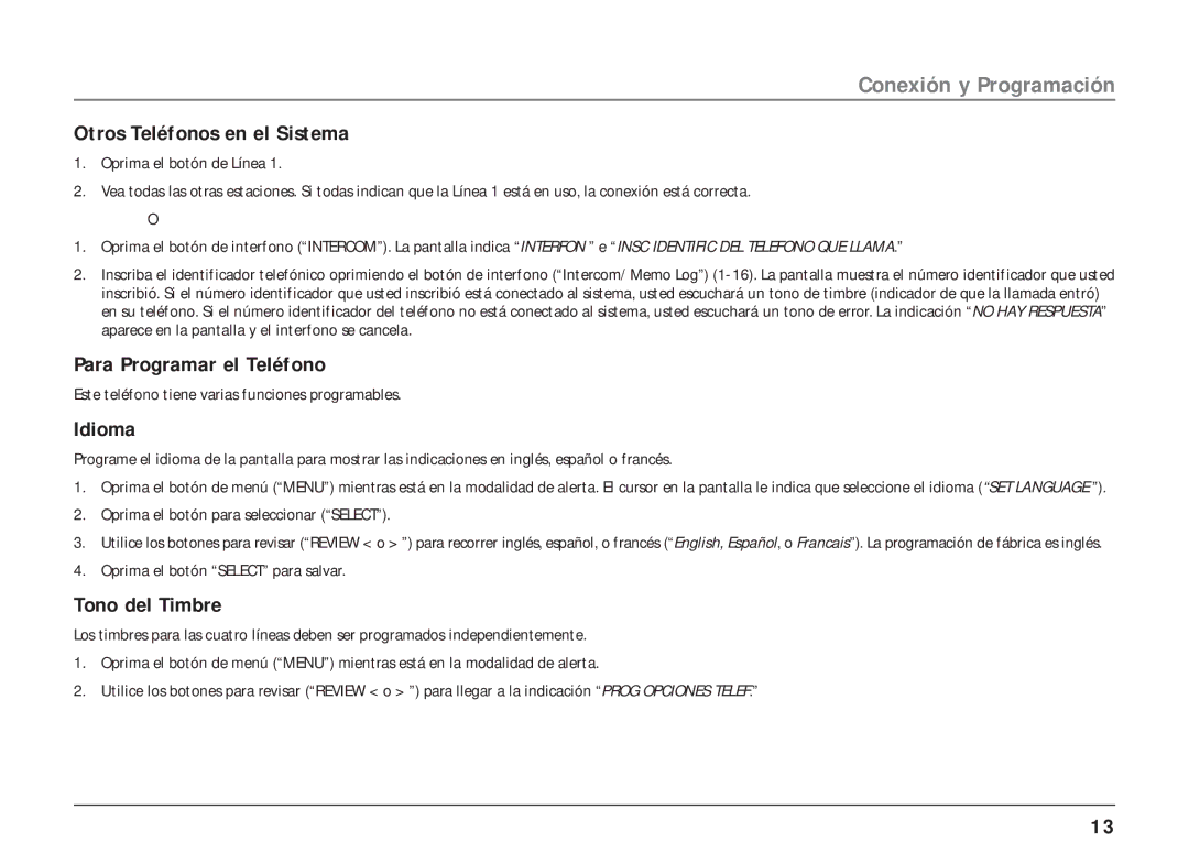 RCA 25403, 25404 manual Otros Teléfonos en el Sistema, Para Programar el Teléfono, Idioma, Tono del Timbre 