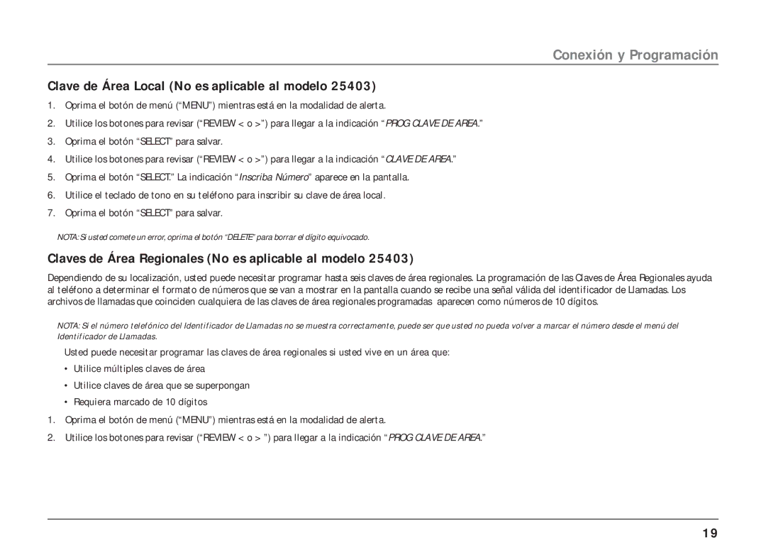 RCA 25403, 25404 manual Clave de Área Local No es aplicable al modelo, Claves de Área Regionales No es aplicable al modelo 