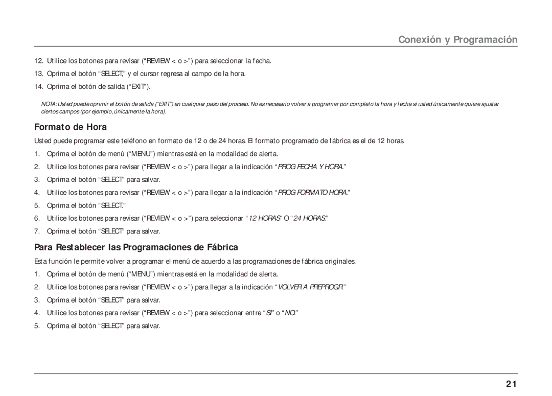 RCA 25403, 25404 manual Formato de Hora, Para Restablecer las Programaciones de Fábrica 