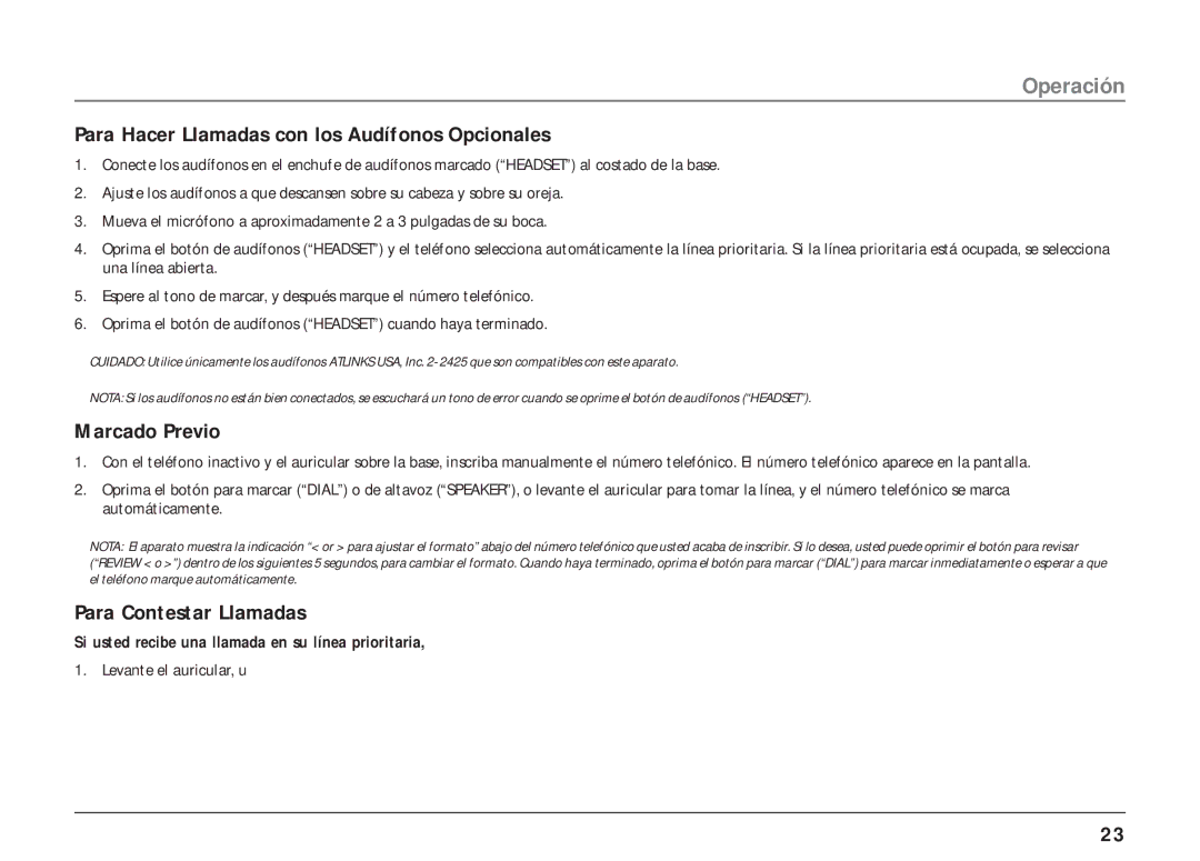 RCA 25403, 25404 manual Para Hacer Llamadas con los Audífonos Opcionales, Marcado Previo, Para Contestar Llamadas 