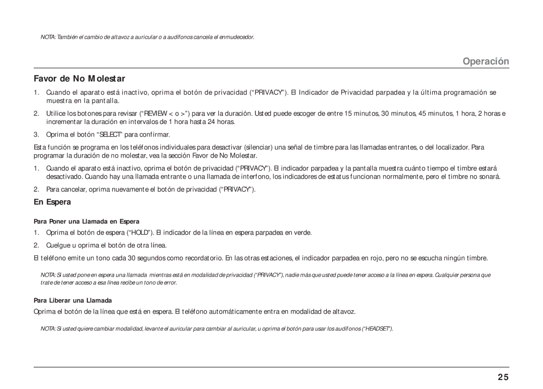 RCA 25403, 25404 manual Favor de No Molestar, En Espera 