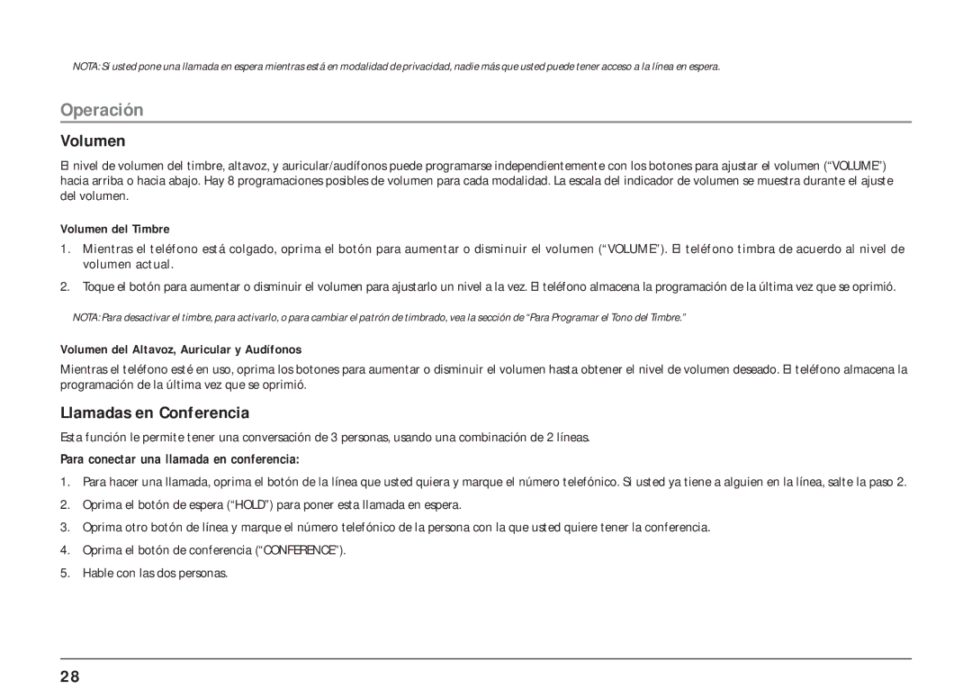 RCA 25404, 25403 manual Volumen, Llamadas en Conferencia 