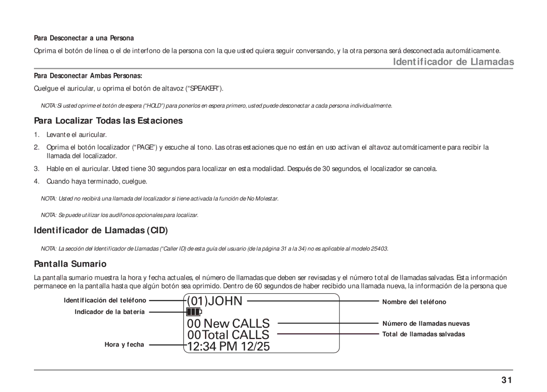 RCA 25403, 25404 manual Para Localizar Todas las Estaciones, Identificador de Llamadas CID, Pantalla Sumario 