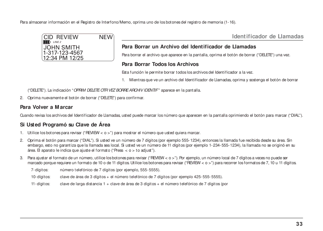 RCA 25403, 25404 manual Para Borrar un Archivo del Identificador de Llamadas, Para Borrar Todos los Archivos, 11-dígitos 