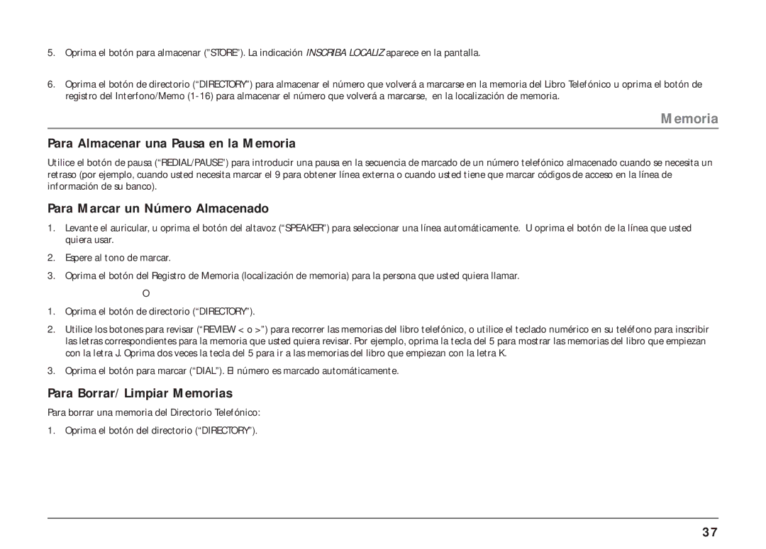 RCA 25403, 25404 Para Almacenar una Pausa en la Memoria, Para Marcar un Número Almacenado, Para Borrar/ Limpiar Memorias 