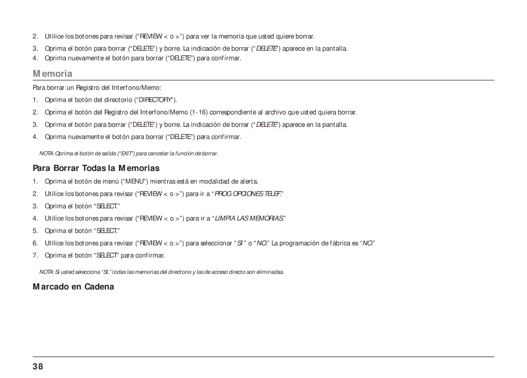 RCA 25404, 25403 manual Para Borrar Todas la Memorias, Marcado en Cadena 