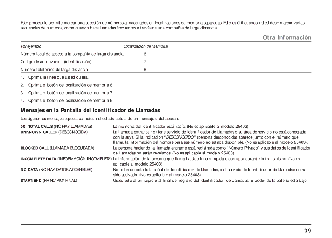 RCA 25403, 25404 manual Otra Información, Mensajes en la Pantalla del Identificador de Llamadas, Aplicable al modelo 