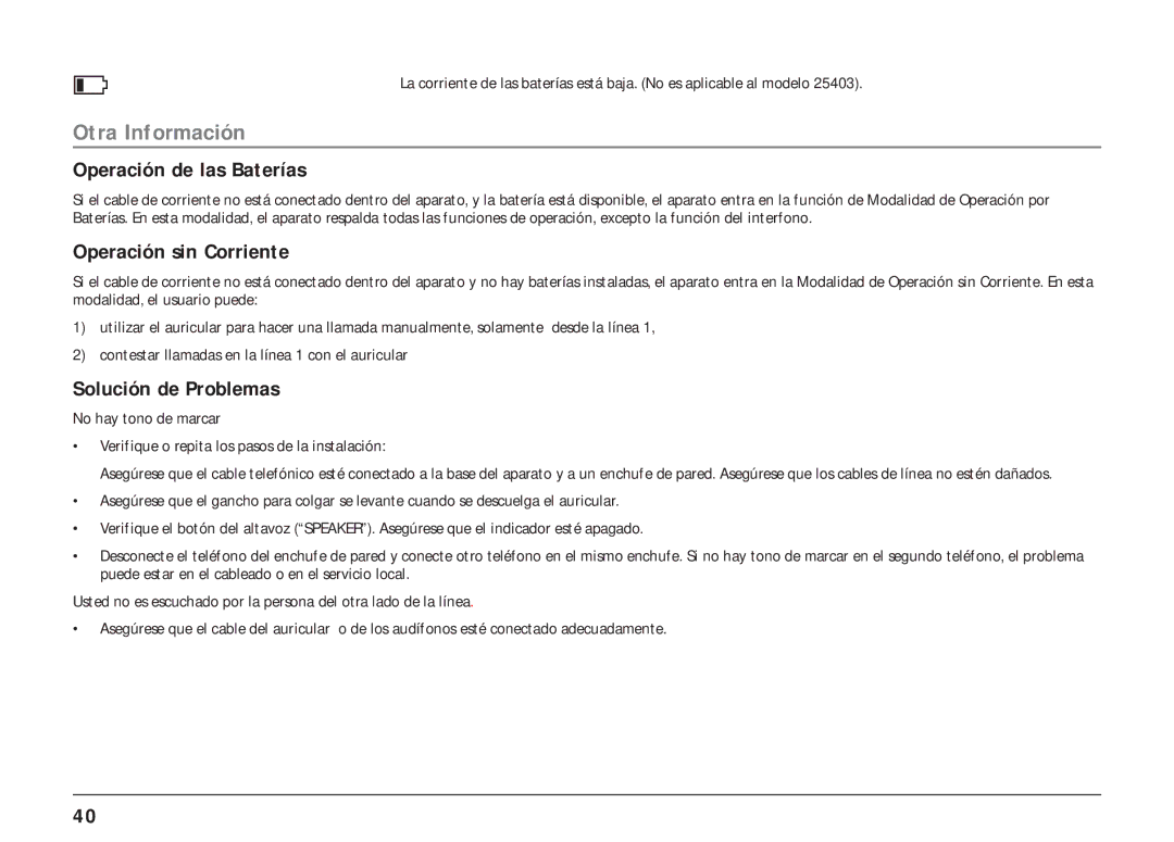 RCA 25404, 25403 manual Operación de las Baterías, Operación sin Corriente, Solución de Problemas 