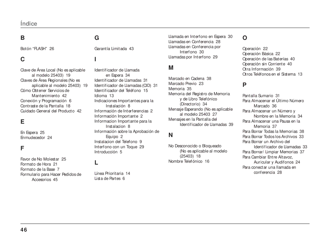 RCA 25404, 25403 manual Índice, Botón Flash, Para Almacenar una Pausa en la Memoria, Conferencia 