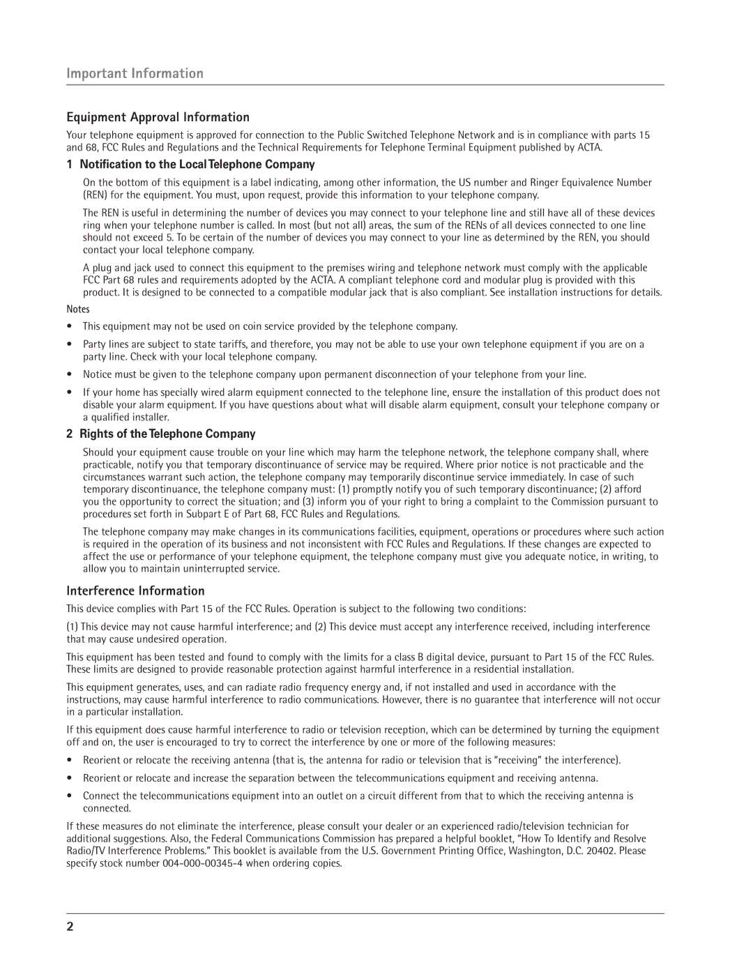 RCA 25413 Important Information, Equipment Approval Information, Interference Information, Rights of the Telephone Company 