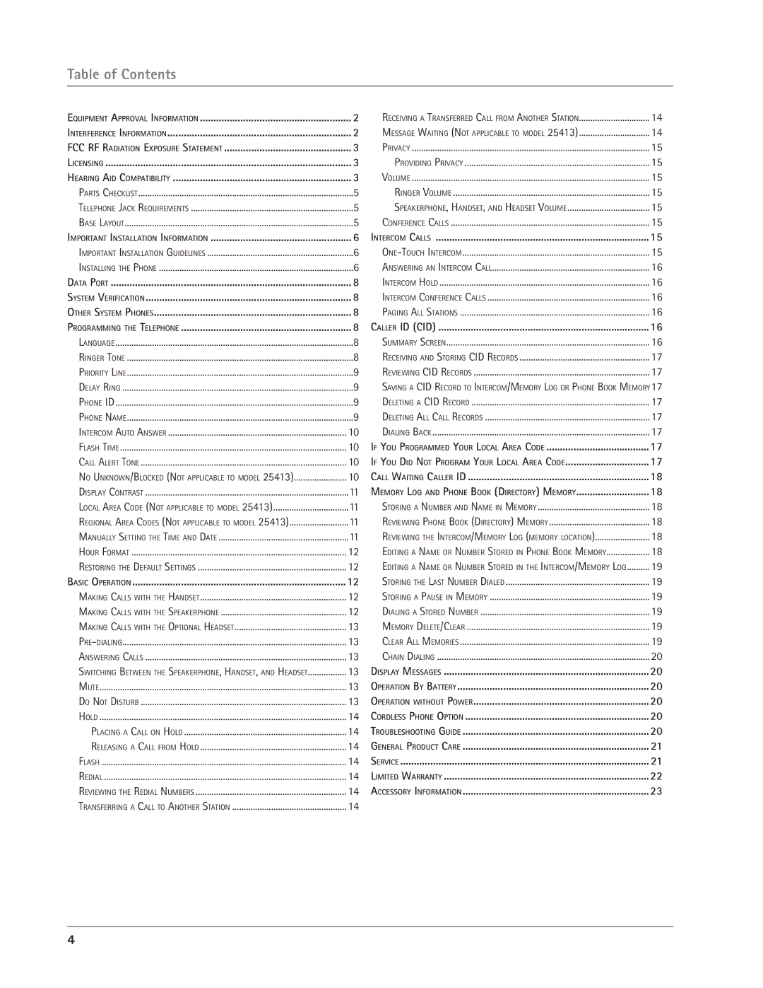 RCA 25413, 14 manual Table of Contents 