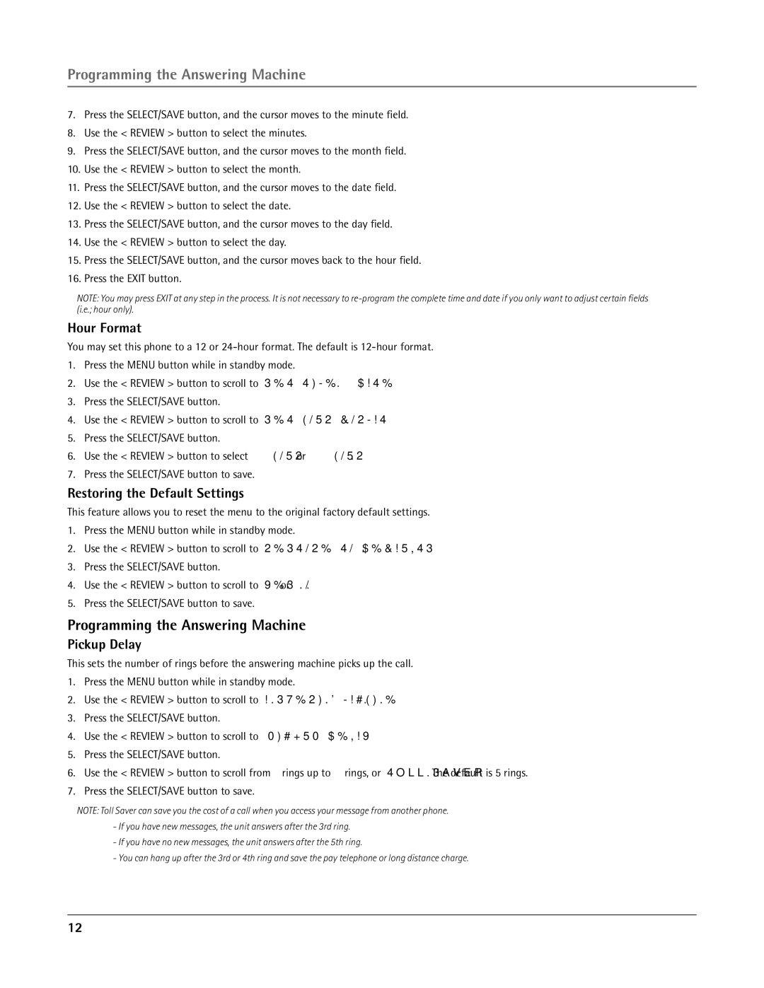 RCA 25415 manual Programming the Answering Machine, Hour Format, Restoring the Default Settings, Pickup Delay 