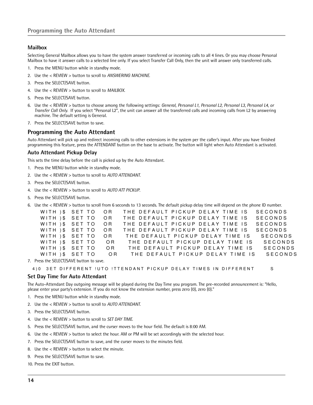 RCA 25415 manual Programming the Auto Attendant, Mailbox, Auto Attendant Pickup Delay, Set Day Time for Auto Attendant 