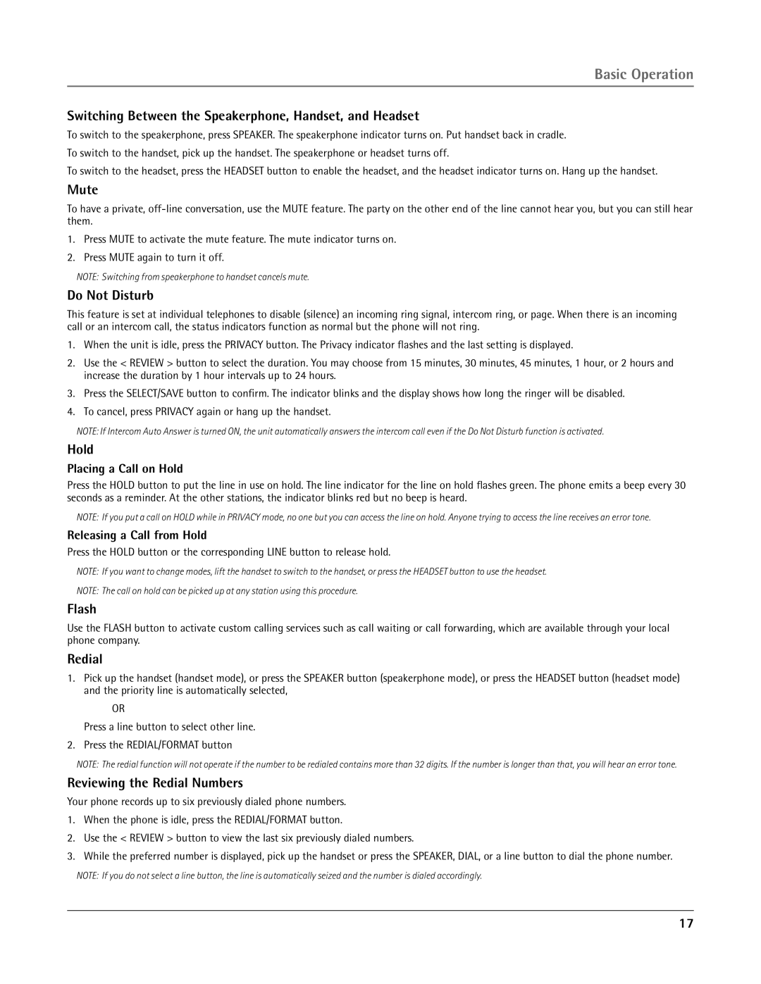 RCA 25415 manual Switching Between the Speakerphone, Handset, and Headset, Mute, Do Not Disturb, Hold, Flash, Redial 