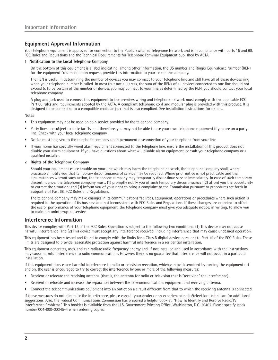 RCA 25415 Important Information, Equipment Approval Information, Interference Information, Rights of the Telephone Company 