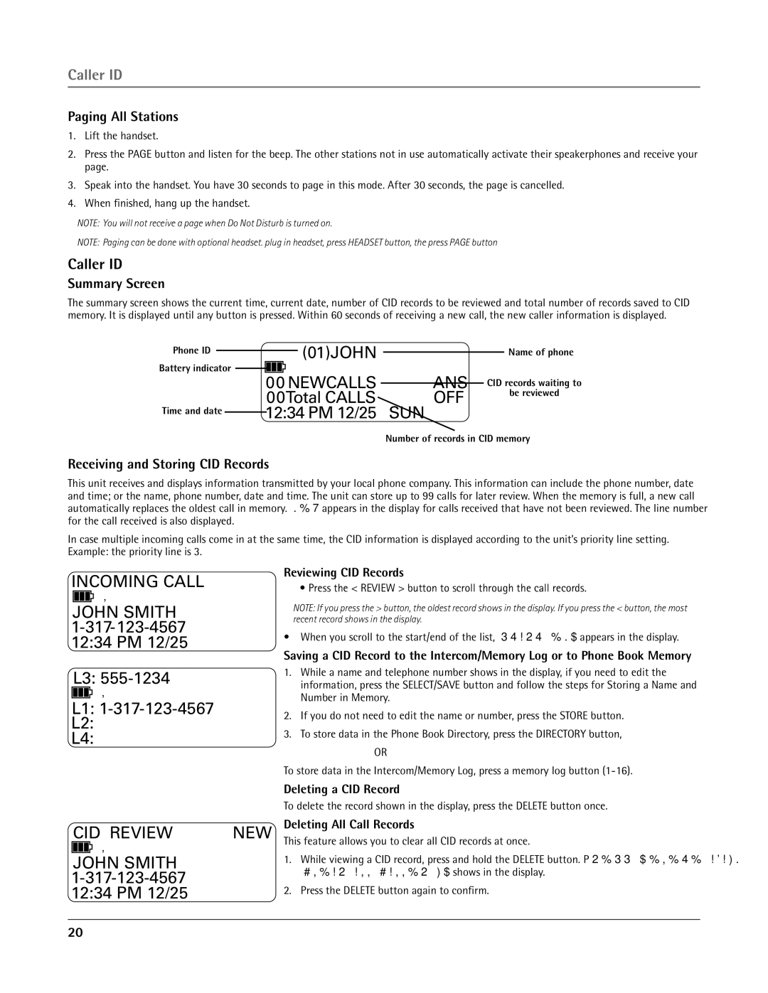 RCA 25415 manual Caller ID, Paging All Stations, Summary Screen, Receiving and Storing CID Records 