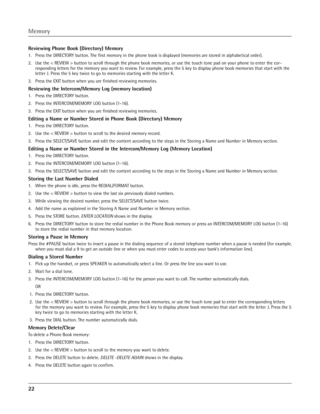 RCA 25415 Reviewing Phone Book Directory Memory, Reviewing the Intercom/Memory Log memory location, Memory Delete/Clear 