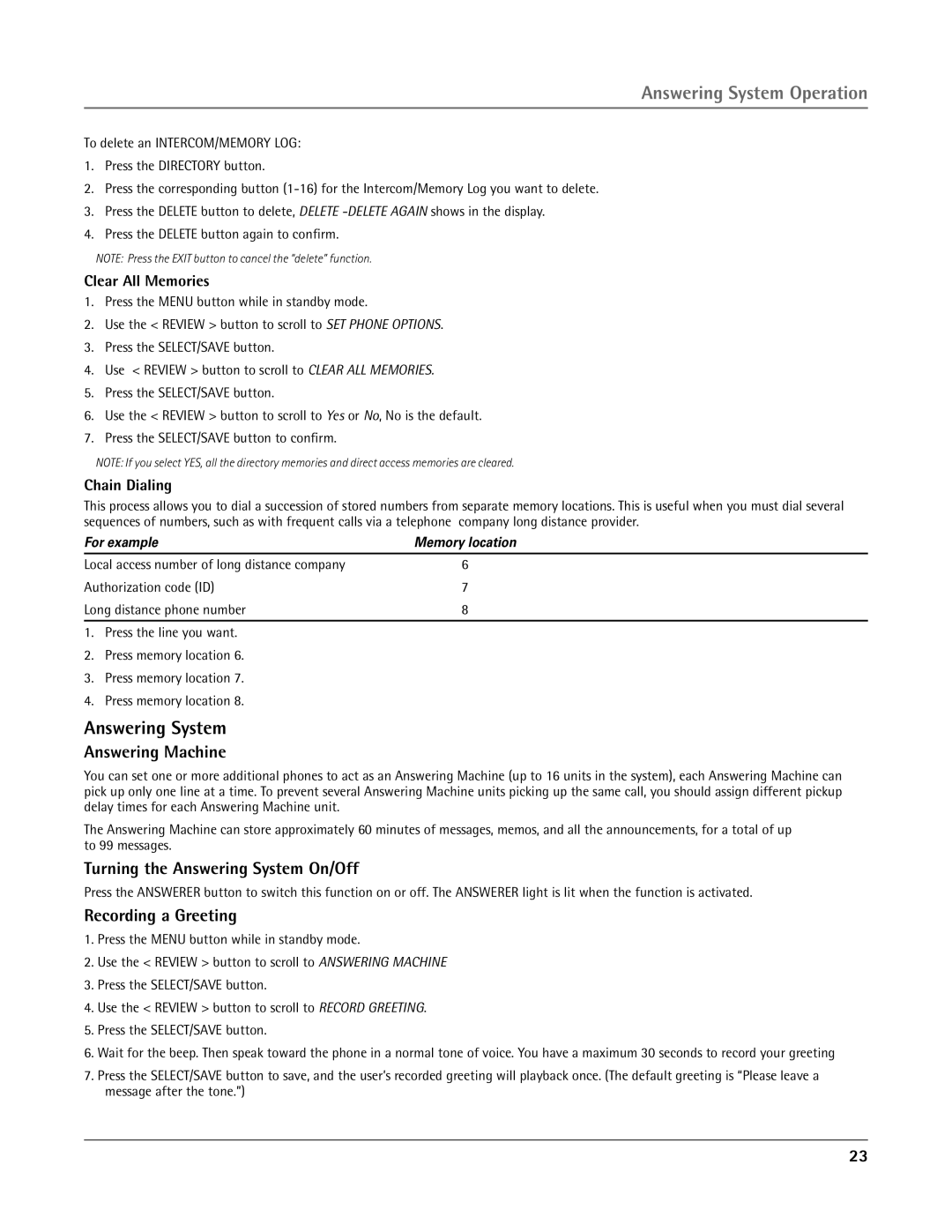 RCA 25415 manual Answering System Operation, Answering Machine, Turning the Answering System On/Off, Recording a Greeting 