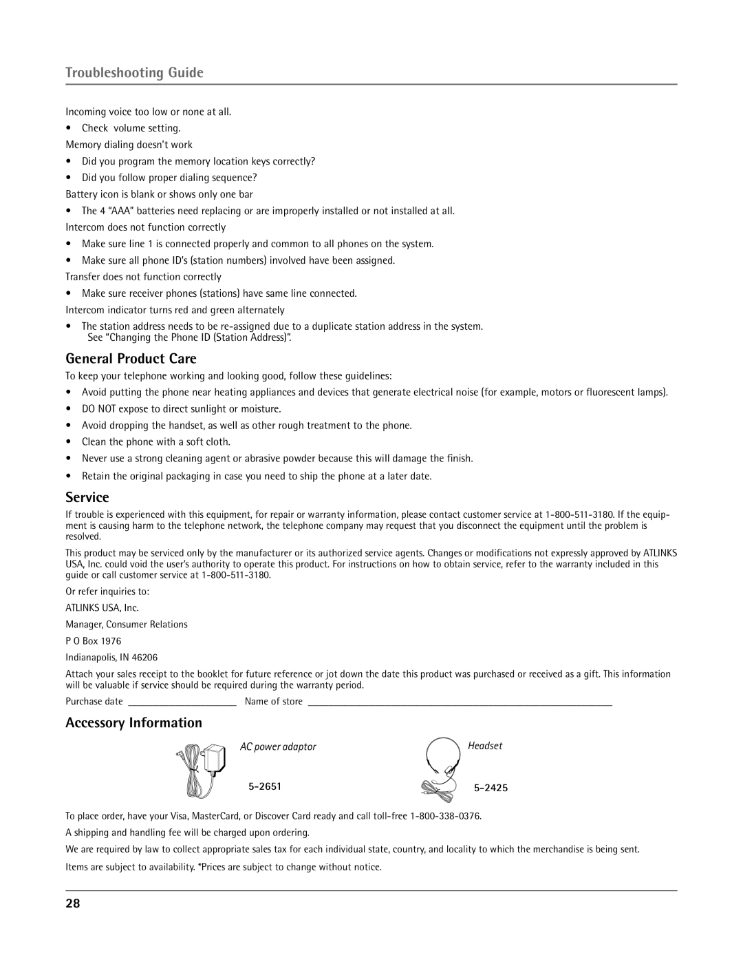 RCA 25415 manual General Product Care, Service, Accessory Information, 2651 2425 