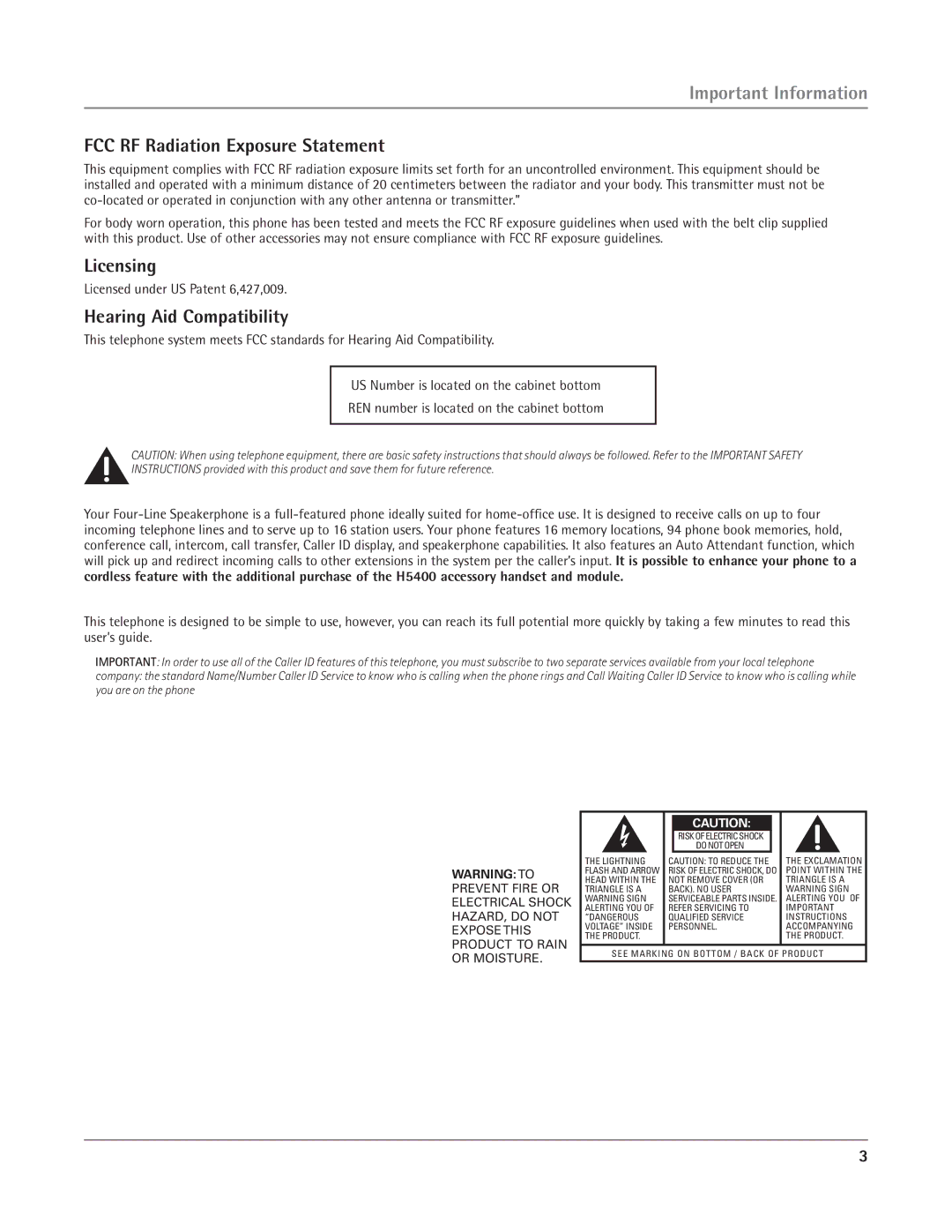 RCA 25415 manual FCC RF Radiation Exposure Statement, Licensing, Hearing Aid Compatibility 