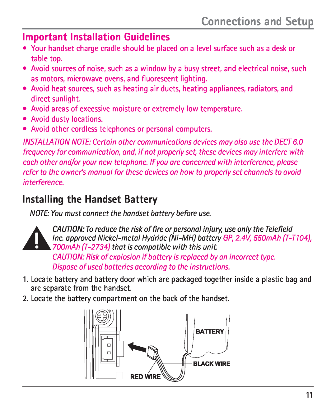 RCA 25420 manual Installing the Handset Battery, Connections and Setup, Important Installation Guidelines 