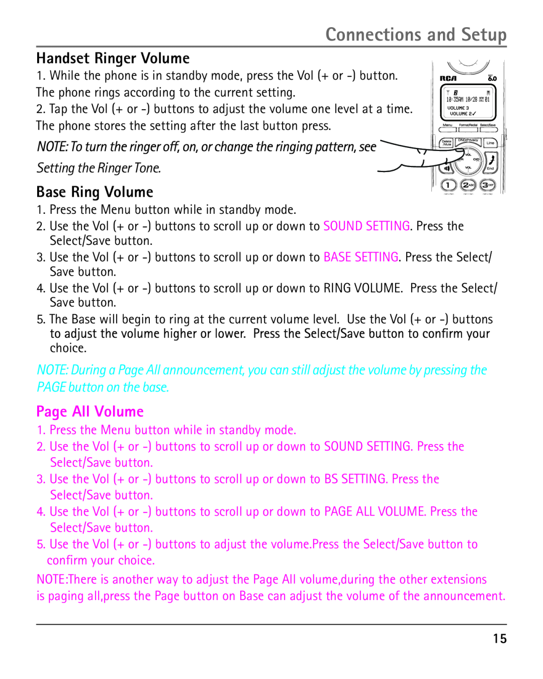 RCA 25420 manual Handset Ringer Volume, Base Ring Volume, Page All Volume, Connections and Setup 