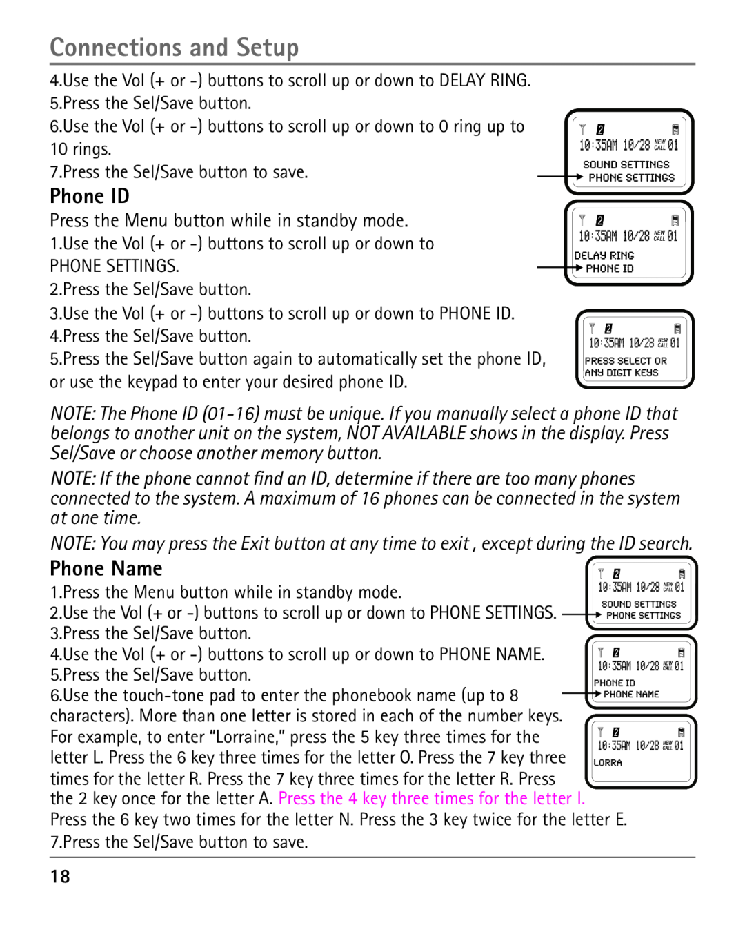 RCA 25420 manual Phone ID, Phone Name, Press the Menu button while in standby mode, Connections and Setup 