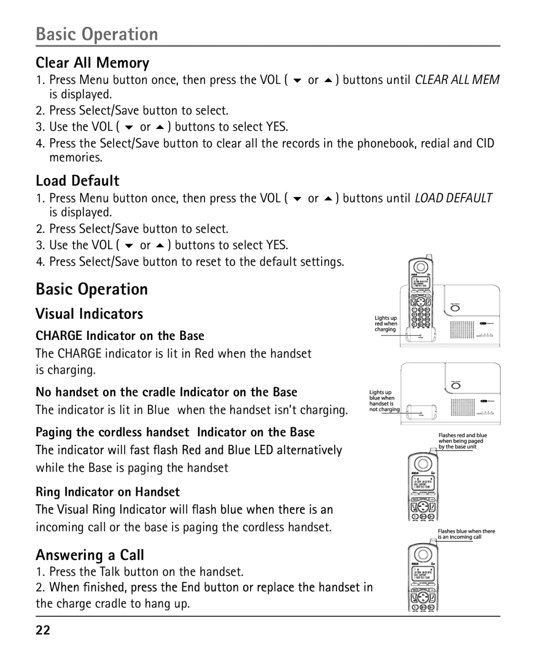 RCA 25420 Basic Operation, Clear All Memory, Load Default, Visual Indicators, Answering a Call, Ring Indicator on Handset 