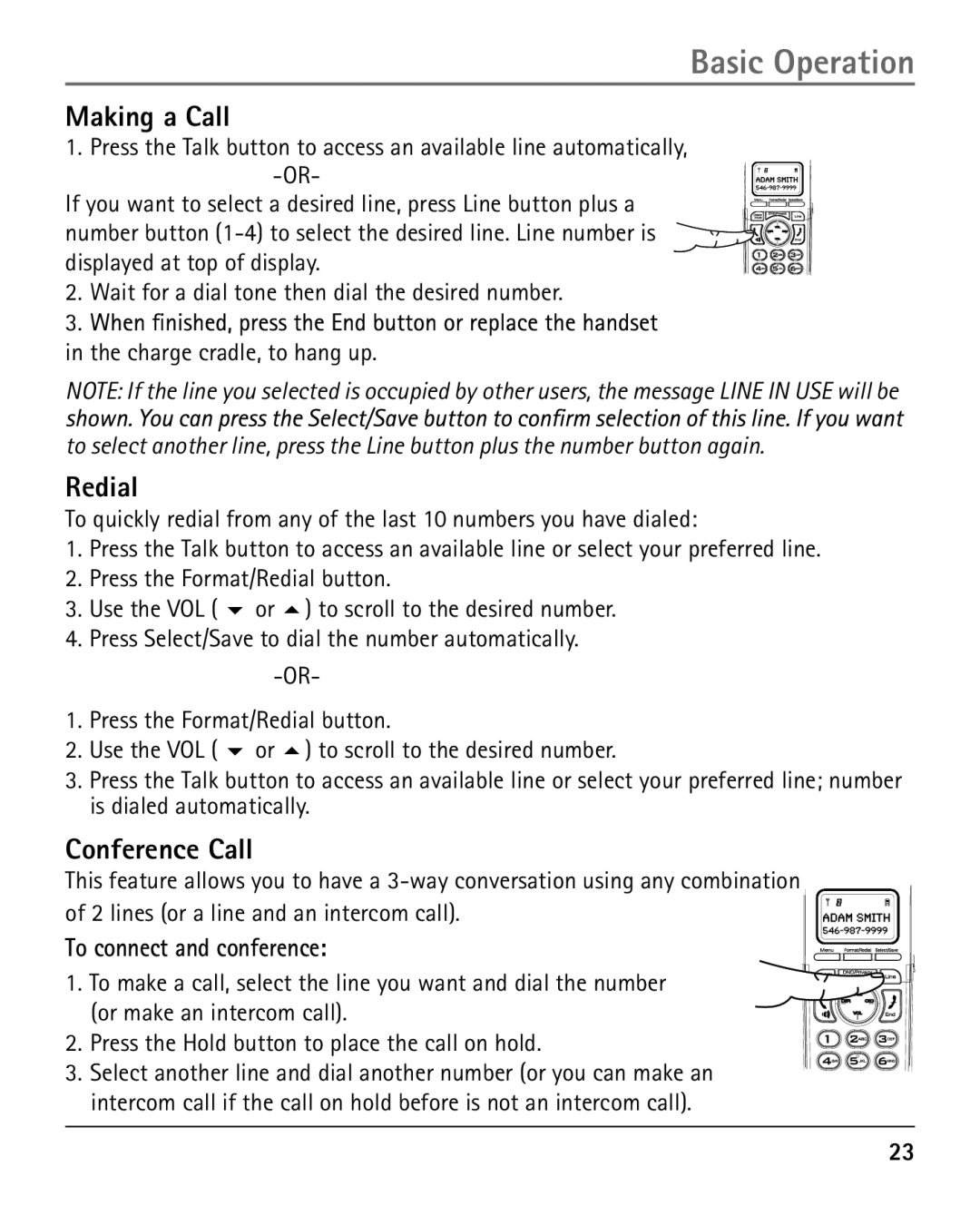 RCA 25420 manual Making a Call, Redial, Conference Call, To connect and conference, Basic Operation 