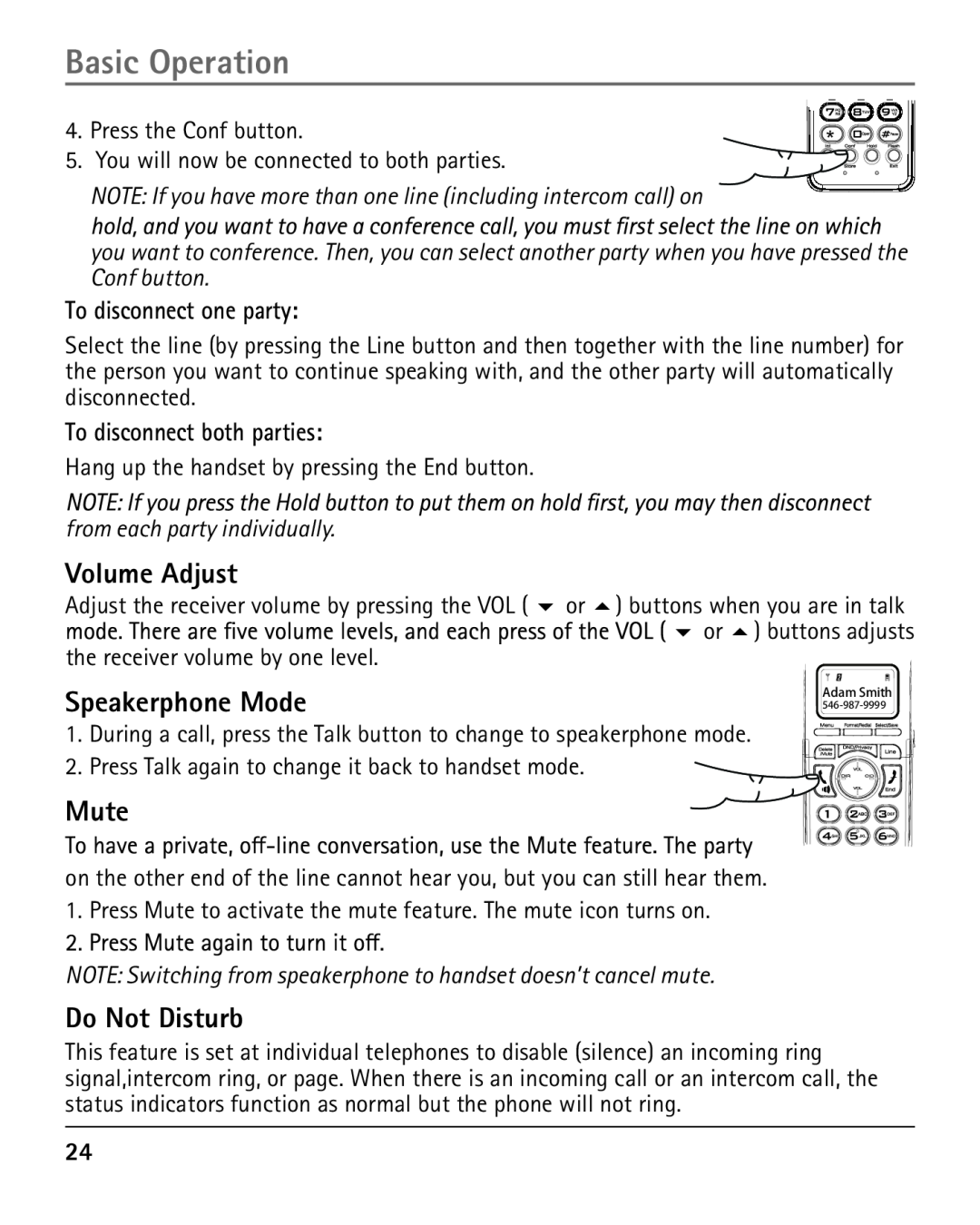 RCA 25420 Volume Adjust, Speakerphone Mode, Mute, Do Not Disturb, To disconnect one party, To disconnect both parties 