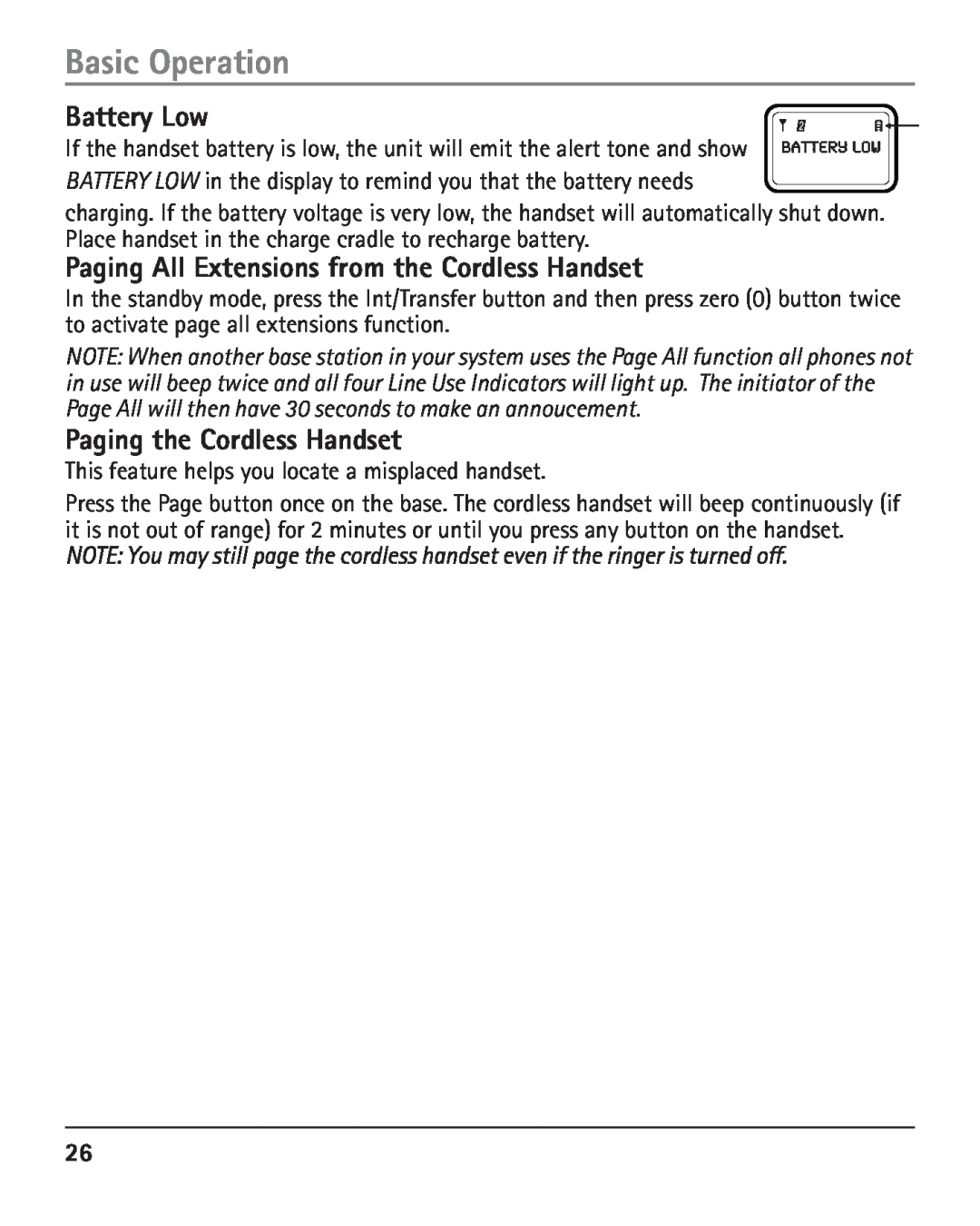 RCA 25420 manual Battery Low, Paging All Extensions from the Cordless Handset, Paging the Cordless Handset, Basic Operation 