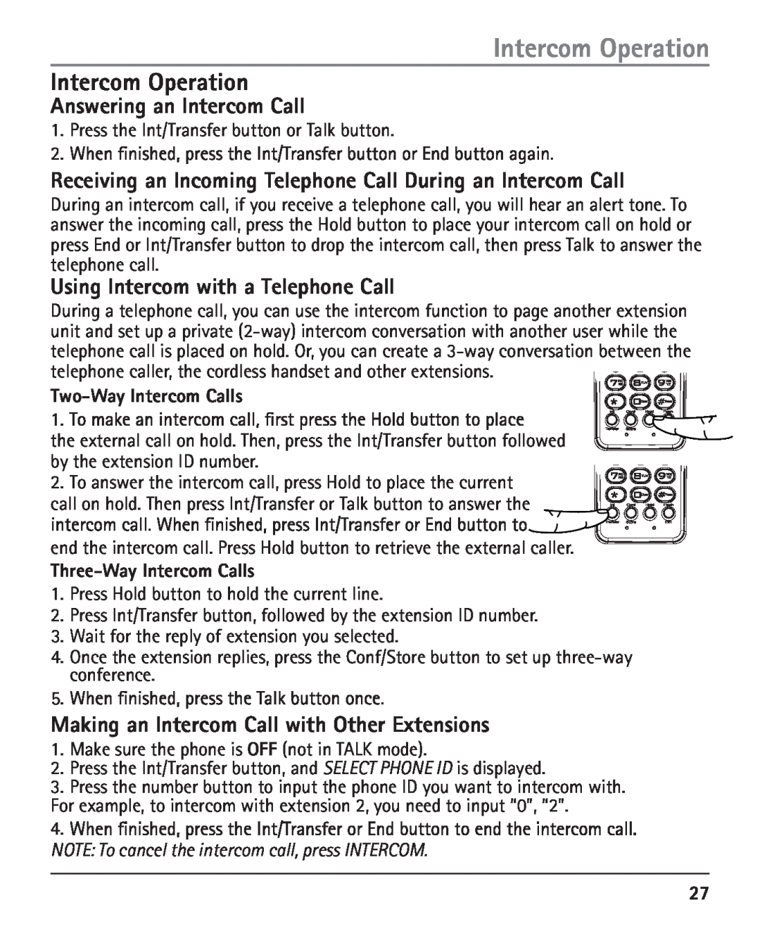 RCA 25420 Intercom Operation, Answering an Intercom Call, Receiving an Incoming Telephone Call During an Intercom Call 