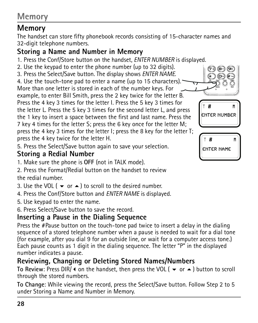 RCA 25420 Storing a Name and Number in Memory, Storing a Redial Number, Inserting a Pause in the Dialing Sequence 